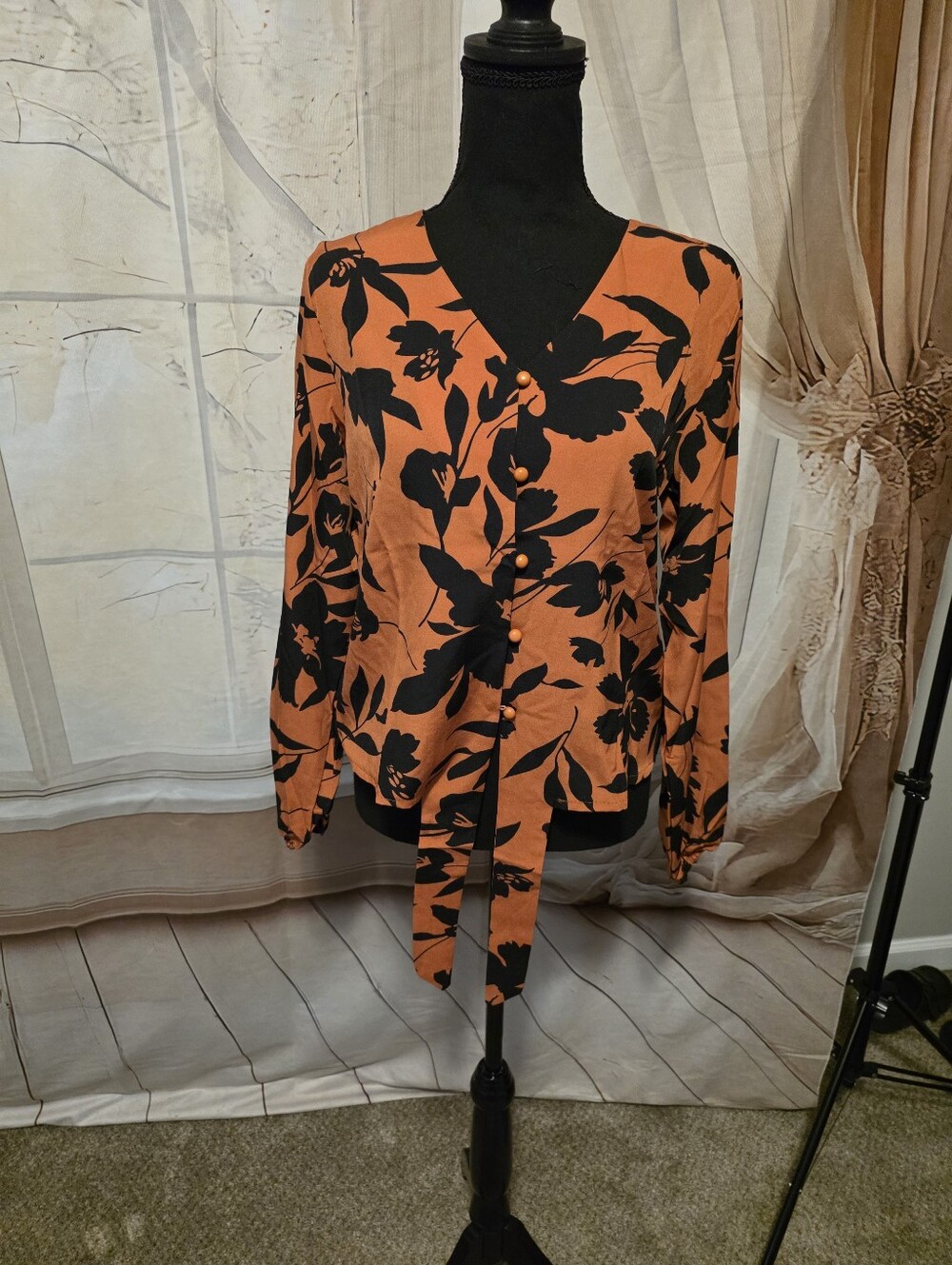 Kohl's Orange and Black Floral Button-Front Tie Blouse